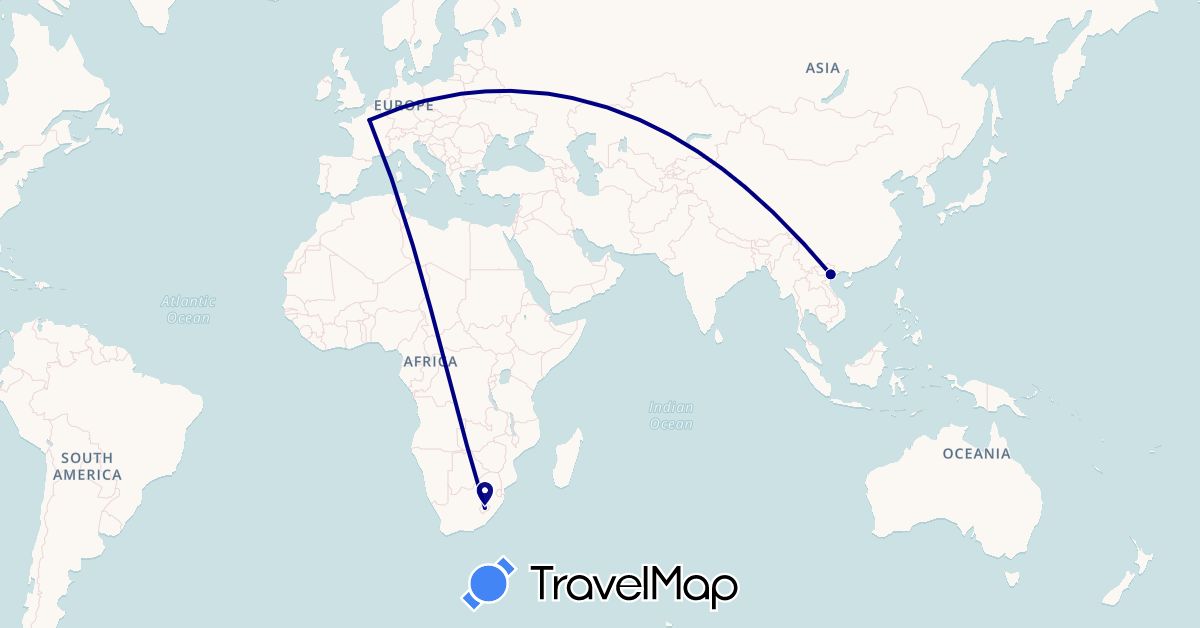TravelMap itinerary: driving in France, Lesotho, Vietnam (Africa, Asia, Europe)